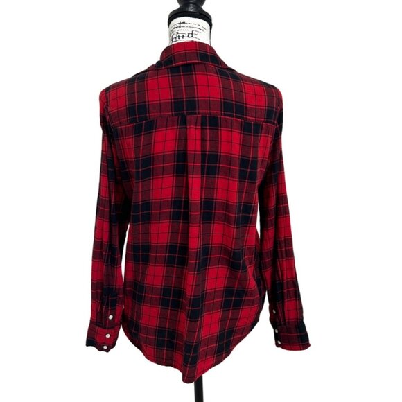 Zara Basic Women's Size M Top Red Plaid Embroidered Beaded Button Up Shirt - Picture 3 of 6